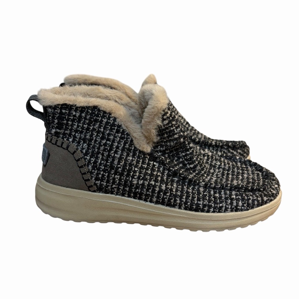 Hey Dude Denny Fur Lined Tweed Booties Black Tan Womens Size 8 Comfort Flat